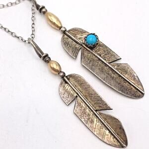 Navajo Signed 925 Feather 2 Pendants Necklace Turquoise 14k Beads 4.18g total wt